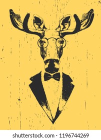 Portrait of Moose in suit, hand'drawn illustration, vector