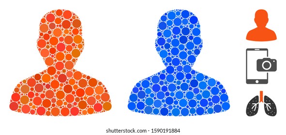 Portrait mosaic of small circles in variable sizes and color tinges, based on portrait icon. Vector small circles are grouped into blue illustration. Dotted portrait icon in usual and blue versions.