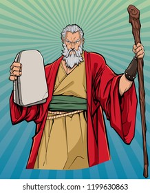 Portrait of Moses holding the stone tablets with the Ten Commandments and his wooden staff.