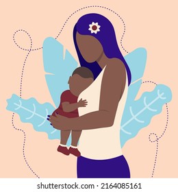 Portrait Of Mother With Child Black Skin Family Vector Illustration In Flat Style