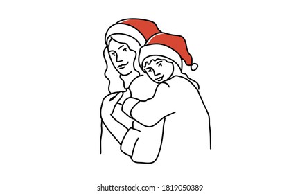 Portrait of mother and daughter in New Year's hats. Vector line.