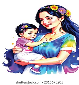 Portrait of a Mother holding a baby watercolor art design