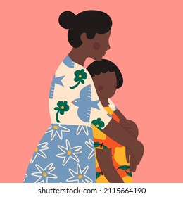 Portrait of a Mother hugging her kid. Loving family, parenthood, togetherness, childcare concept. Silhouette of a Mother and her child. Happy Mother's Day card template. Hand drawn Vector illustration