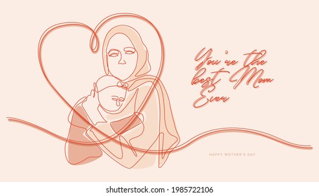 Portrait of Mother Taking Care of Her Children. Female Muslim Hijab Happy Mother's Day Concept or Expressing Love to Mother Concept.