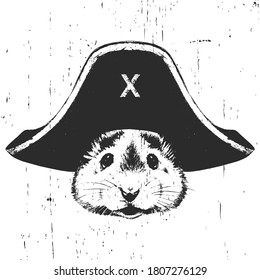 Portrait of Mouse with a pirate hat. Vector. 