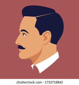 Portrait of moustached brunet man. Head of moustached man in profile. Avatar of stylish businessman for social networks. Abstract male portrait, face side view. Stock vector illustration in flat style