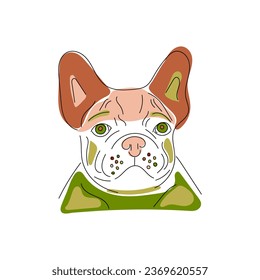 Portrait of multicolored funny french bulldog on white background. Line art style. Cute colorful vector illustration	