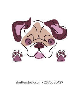 Retrato de un pug multicolor divertido con patas. Estilo de arte de línea. Ilustración vectorial de color	