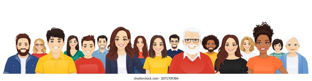 Portrait of multicultural diversity people crowd. Men and momen group vector illustration isolated