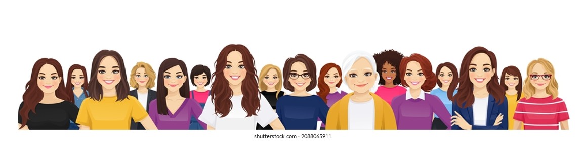 Portrait of multicultural multiethnic crowd of different casual and business women isolated vector illustration