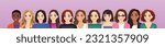 Portrait of multicultural multiethnic group of different casual and business women isolated on purple background vector illustration