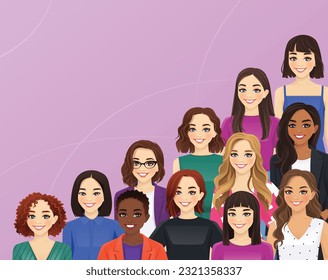 Portrait of multicultural multiethnic group of different casual and business women isolated on purple background vector illustration