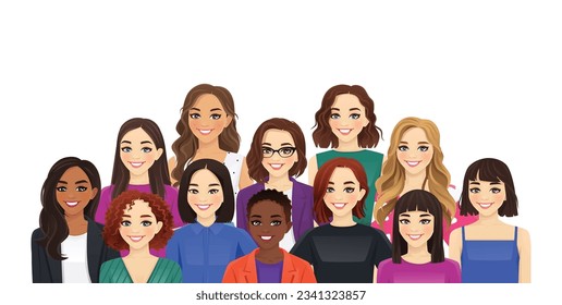 Portrait of multicultural multiethnic group of different smiling casual and business women isolated vector illustration