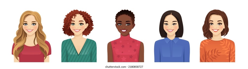 Portrait of multicultural multiethnic women with different hairstyles and outfits isolated vector illustration