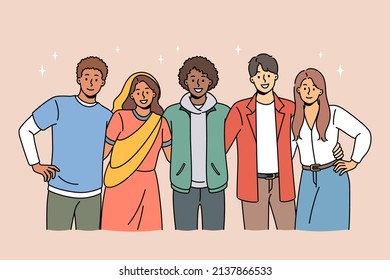 Portrait of multicultural young people stand pose together hugging show international friendship and unity. Smiling diverse multiethnic friends enjoy time together. Diversity. Vector illustration. 