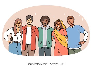 Portrait of multicultural young people stand pose together hugging show international friendship and unity. Smiling diverse multiethnic friends enjoy time together. Diversity. Vector illustration.