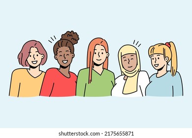 Portrait of multiethnic diverse girls posing together. Smiling interracial women show unity and friendship. Vector illustration. 