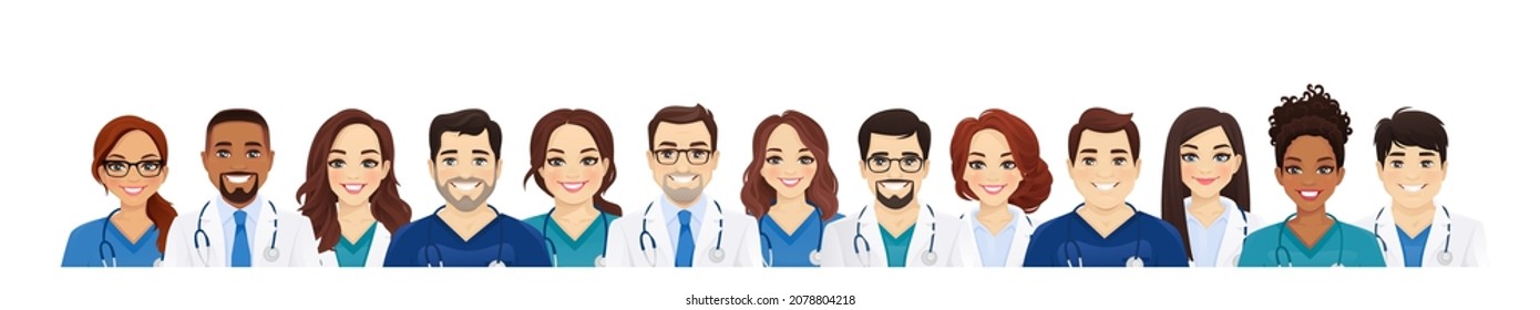 Portrait of multiethnic doctor and nurses group set isolated vector illustration