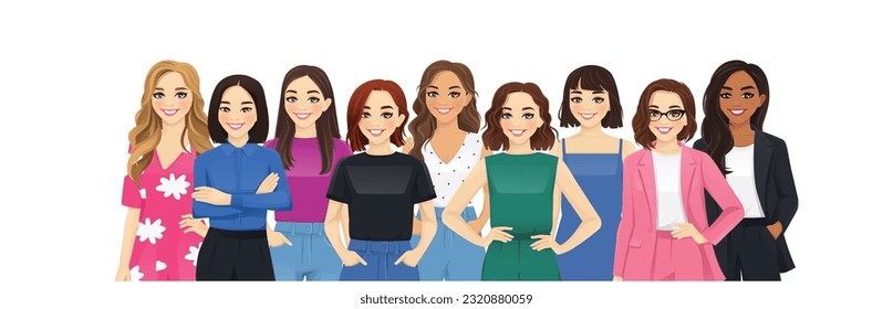 Portrait of multiethnic group of different casual and business women standing together isolated vector illustration