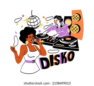 Retrato del concepto abstracto de banda de música. El DJ gira discos, enciende melodía y ajusta el sonido, y el cantante toca una canción disco popular. Vía retro. Dibujo vectorial plano de caricatura en estilo doodle