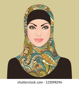 Portrait of muslim beautiful girl in patterned hijab, vector illustration