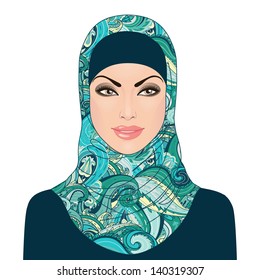 Portrait of muslim beautiful girl in patterned hijab, vector illustration, isolated on white.