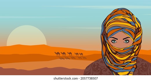 Portrait of muslim beautiful girl in patterned hijabagainst the background of a desert landscape, vector illustration