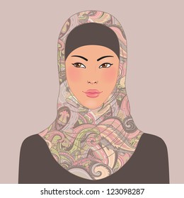 Portrait of muslim beautiful oriental girl in patterned hijab, vector illustration