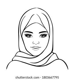 Portrait of muslim beautiful woman in hijab. Black and white sketch vector illustration for avatar,  logo.