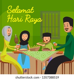 Portrait of muslim family and celebrate Selamat Hari Raya Aidilfitri (Translation: Celebration of Breaking Fast) - Vector - Vector
