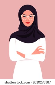 A portrait of a muslim woman with crossed arms and a hijab. Office professions and religion. A businesswoman. Vector flat illustration.