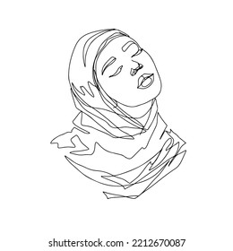 Portrait muslim woman in hijab in minimal style. Vector logo and branding design. Modern trend one line art