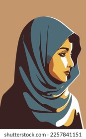 portrait of a muslim woman in a hijab, vector flat color cartoon illustration