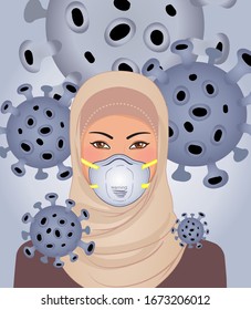 Portrait of muslim woman in hijab and  white medical face mask. Coronavirus in China. Novel coronavirus (2019-nCoV). Concept of coronavirus quarantine. Vector illustration.
