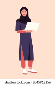 Portrait of a Muslim woman with a laptop. The Arabian student stands at full height. Vector flat illustration.