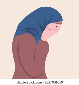 Portrait of a Muslim woman in profile with long sleeves and a hijab. Her face is covered with her hands because of crying. Emotions of grief, tragedy. Vector graphics.