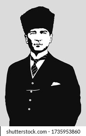 Portrait of Mustafa Kemal Ataturk the founder of Republic of Turkey, Black and white vector illustration