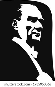 Portrait Of Mustafa Kemal Ataturk The Founder Of Republic Of Turkey, Black And White Vector Illustration