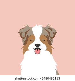 A portrait of a muzzled dog.  Australian shepherd brown smiling with tongue out. Pets, dog lovers, flat vector style.