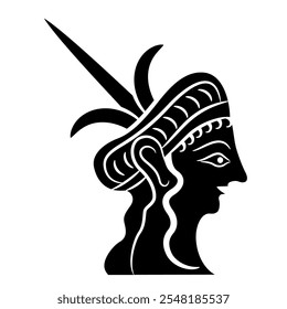 Portrait of a Mycenaean woman. Head in profile of a beautiful Ancient Greek lady. Black and white silhouette.