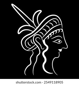 Portrait of a Mycenaean woman. Head in profile of a beautiful Ancient Greek lady. Black and white silhouette.