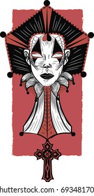 Portrait Of Mysterious Lady -  Stylized vector sketch with red elements -  Vintage art 