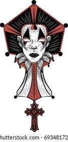 Portrait    Of Mysterious Lady -  Stylized vector sketch with red elements -  Vintage art - Black and white tattoo sketch with red  elements 