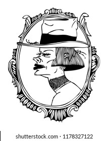 Portrait of a mysterious woman. Black and white illustration on a poster and on a T-shirt.Can be used in social networks, for articles, publications, cards, print, poster, sticker, on a t-shirt.