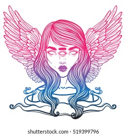 Portrait of mystic angel or demon of death in the form of a girl with three eyes. Vector illustration of a girl mutant. The oracle with three all-seeing eye. linear tattoo illustration