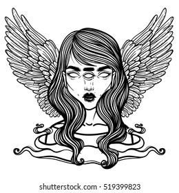 Portrait of mystic angel or demon of death in the form of a girl with three eyes. Vector illustration of a girl mutant. The oracle with three all-seeing eye. linear tattoo illustration