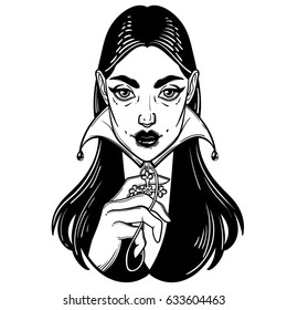 Portrait of mystic girl with cross. Vector illustration with a girl vampire and a cross. Tattoo poster Girl Dracula.