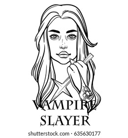 Portrait of mystic girl with cross. Vector illustration with a vampire slayer and a cross. Tattoo poster.