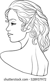 Portrait of mystic girl. Hand drawn beautiful artwork of an elf fairy girl head. Paganism, decorative tattoo art, coloring books. Isolated vector illustration.