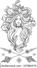 Portrait of mystic girl. Hand drawn beautiful artwork. Paganism, spirituality, decorative tattoo art, coloring books. Isolated vector illustration. Print for textiles and printing